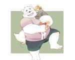  2022 5:4 anthro belly big_belly blush bottomwear canid canine canis carrying clothing domestic_dog duo eyes_closed hi_res inunoshippo kemono male mammal overweight overweight_male shirt shorts tail_motion tailwag topwear 