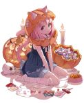  1girl :o absurdres animal_ear_fluff animal_ears bandaged_arm bandaged_leg bandages blue_dress bob_cut bowl candle candy cat_ears cat_girl cat_tail dress food from_side green_eyes halloween heterochromia highres himemori_luna hololive jack-o&#039;-lantern jack-o&#039;-lantern_head lifted_by_tail looking_at_viewer medium_hair mummy_costume no_shoes official_alternate_hair_length official_alternate_hairstyle pet_bowl pink_hair pinkusan pleated_dress purple_eyes short_dress sideways_glance sitting sleeveless sleeveless_dress solo star_(symbol) star_in_eye symbol_in_eye tail tail_raised virtual_youtuber wariza 