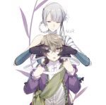  1boy 1girl bandaged_arm bandages braid breasts closed_mouth echo_(circa) emil_(nier) flower gloves hair_flower hair_ornament kaine_(nier) looking_at_viewer nier nier_(series) open_mouth short_hair simple_background white_background white_hair 