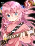  1girl :o bangs blue_eyes blush bocchi_the_rock! cube_hair_ornament electric_guitar floating_hair gibson_les_paul gotou_hitori guitar hair_between_eyes hair_cubes hair_ornament highres holding holding_instrument instrument jacket jersey long_hair music one_side_up open_mouth pink_hair pink_jacket playing_instrument plectrum solo spotlight track_jacket upper_body very_long_hair water_drop yu-ka0919 