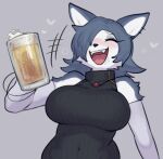  &lt;3 2022 alcohol anthro beer beer_mug beverage blush breasts canid canine clothed clothing digital_media_(artwork) drunk eyes_closed fangs female female_anthro fox fur grey_body grey_fur grey_hair hair hair_over_eye happy hi_res holding_object kemono mammal one_eye_obstructed open_mouth open_smile red_fox silver_fox smile solo substance_intoxication sususuigi teeth tongue 