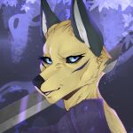  1:1 anthro armor black_ears black_nose black_sclera blue_eyes bust_portrait canid cheek_tuft eyelashes facial_tuft female fur glistening glistening_eyes head_tuft hi_res inner_ear_fluff looking_at_viewer mammal melee_weapon narrowed_eyes portrait simple_background smogville solo sword tuft unsigned weapon white_inner_ear_fluff yellow_body yellow_fur 