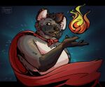  2021 anthro black_nose cape clothing digital_drawing_(artwork) digital_media_(artwork) ear_piercing elemental_manipulation fire fire_manipulation fur grey_body grey_fur hair head_tuft hyaenid looking_at_viewer male mammal open_mouth piercing portrait round_ears simple_background sinser smile solo spotted_hyena tuft white_body white_fur 