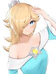  1girl blonde_hair blue_eyes closed_mouth crown hair_over_one_eye highres long_hair looking_at_viewer mario_(series) off_shoulder rosalina simple_background smile solo star_(symbol) super_mario_galaxy tomatomiya upper_body white_background 