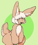  aliasing ambiguous_gender anthro catjam_(artist) fur geometric_background green_background hair horizontal_pupils looking_at_viewer made_in_abyss nanachi pupils rabbit_ears short_hair simple_background sitting solo tan_body tan_fur 