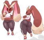  2022 anthro big_butt breasts brown_body brown_fur butt clothed clothing female fur generation_4_pokemon kiseff lagomorph lopunny mammal medium_breasts midriff navel nintendo pokemon pokemon_(species) simple_background solo standing thick_thighs video_games 