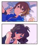  1boy 1girl blue_eyes brown_eyes brown_hair eye_contact hetero hilbert_(pokemon) hilda_(pokemon) jacket kabedon looking_at_another lying open_mouth pokemon pokemon_(game) pokemon_bw ponytail sweat toume wristband zipper_pull_tab 