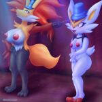  1:1 anthro big_breasts blubluumon breasts cinderace clothing delphox duo female feral generation_6_pokemon generation_8_pokemon genitals hat headgear headwear hi_res light long_ears magician_hat mouth_closed nintendo nipples open_mouth pokemon pokemon_(species) pussy smile suprised_look surprise video_games wand 