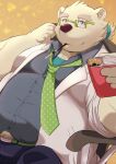  2022 anthro belly big_belly bottomwear clothing eyewear food glasses hi_res humanoid_hands kemono leib_(tas) lifewonders male mammal nazebesu_hobby necktie overweight overweight_male pants pocky polar_bear shirt sitting solo tokyo_afterschool_summoners topwear ursid ursine video_games white_body 