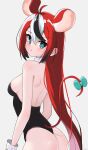  1girl absurdres ahoge animal_ears ass blue_eyes breasts detached_collar from_behind hair_down hakos_baelz highres hololive hololive_english long_hair looking_back magui3 medium_breasts mouse_ears mouse_tail playboy_bunny red_hair tail virtual_youtuber wrist_cuffs 