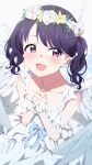  1girl angel_wings bangs black_hair blush commentary_request dress fangs flower_wreath frilled_dress frills fukumaru_koito highres idolmaster idolmaster_shiny_colors jewelry looking_at_viewer necklace open_mouth purple_eyes reikakrzk skin_fangs swept_bangs twintails white_dress wings 