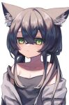  1girl absurdres animal_ear_fluff animal_ears bangs black_hair breasts cat_ears cat_girl cleavage collarbone commentary_request green_eyes hair_between_eyes highres long_hair long_sleeves looking_at_viewer low_twintails original sidelocks simple_background solo squallea strap_slip twintails white_background 