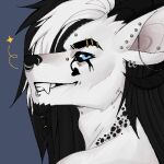  1:1 anthro black_hair black_nose black_sclera black_spots blue_background blue_eyes bust_portrait canid ear_piercing ear_stud eyebrow_piercing eyebrow_ring facial_piercing fangs fur glistening glistening_eyes grin hair hi_res lip_piercing lip_ring long_hair looking_at_viewer male mammal multicolored_hair nose_piercing nose_ring nostril_ring nude piercing portrait ring_piercing septum_piercing septum_ring side_view simple_background smile smogville solo sparkles spots spotted_body spotted_fur spotted_neck two_tone_hair unsigned white_body white_fur white_hair 