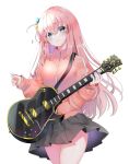  1girl bangs black_skirt blue_eyes blush bocchi_the_rock! closed_mouth crossed_bangs electric_guitar flying_sweatdrops gibson_les_paul gotou_hitori guitar hair_between_eyes hair_cubes hair_ornament highres holding holding_instrument holding_plectrum instrument jacket long_hair long_sleeves looking_at_viewer one_side_up pink_hair pink_jacket pleated_skirt plectrum simple_background skirt solo thighs track_jacket white_background yuanagae 