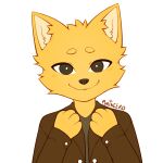  1:1 4_fingers blazer brown_clothing brown_eyes canid canine clothed clothing fingers fox fur jun_jun_(character) looking_at_viewer lycalopex male male/male mammal orange_body orange_fur pampas_fox purineeko relaxed_expression simple_background smile solo white_background 