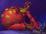  2016 air_inflation air_pump anthro belly belly_expansion belly_inflation big_belly blue_eyes bodbloat bodbloat_(character) butt claws clothing digital_drawing_(artwork) digital_media_(artwork) dragon expansion fangs fingers grey_horn hand_on_stomach handwear horn hose hose_inflation inflation looking_at_belly male muscular muscular_male nude purple_background red_body scalie simple_background smile solo teeth thick_thighs widescreen yellow_body 