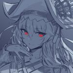  alternate_costume arknights bangs collared_dress dress hair_between_eyes hand_on_own_chest hat long_hair looking_at_viewer melon22 parted_lips portrait red_eyes simple_background sketch specter_(arknights) specter_the_unchained_(arknights) teeth unfinished unfinished_background white_hair 