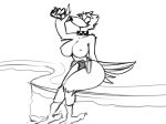  2020 anthro avian avian_feet beak big_breasts black_and_white bottle breasts bulge collar dracojeff drinking feathers gynomorph holding_bottle holding_object intersex monochrome nipples simple_background sketch solo swimwear_down tail_feathers thick_thighs white_background 