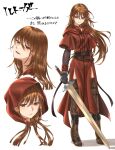  1girl black_gloves boots brown_eyes brown_footwear brown_hair coat fire_emblem fire_emblem:_the_blazing_blade genderswap genderswap_(mtf) gloves highres holding holding_sword holding_weapon hood long_sleeves open_mouth red_coat rutger_(fire_emblem) sword thigh_boots translation_request tsukimura_(d24f4z8j3t) weapon 