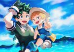  2boys :d arm_up bag blue_footwear blue_overalls blue_sky blurry blurry_background boku_no_hero_academia brown_eyes brown_hair carrying carrying_person cloud curly_hair double_horizontal_stripe floating_hair foot_out_of_frame freckles gloves green_eyes green_gloves green_hair happy highres holding_strap keta_(peeepeenope) looking_afar male_child male_focus midoriya_izuku mountain mountainous_horizon multiple_boys ocean open_hand open_mouth outstretched_arm overalls pointing sandals satchel shimano_katsuma shirt short_sleeves shoulder_bag sky smile suspenders t-shirt teeth toeless_footwear two-tone_gloves upper_body upper_teeth white_gloves white_shirt yellow_bag 