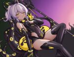  1girl :d azur_lane bare_shoulders black_leotard black_ribbon black_thighhighs budesonide corruption covered_navel covered_nipples dark_persona dutch_angle elbow_gloves gloves grey_hair grin hair_ribbon highres javelin_(azur_lane) leotard looking_at_viewer parted_lips photoshop_(medium) polearm pubic_tattoo ribbon short_hair short_ponytail smile solo tattoo tentacles thighhighs two-tone_gloves weapon yellow_eyes yellow_gloves 