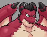  anthro belly black_hair bracelet dragon dynogreeno green_eyes hair hi_res horn humanoid jewelry male muscular muscular_male red_body red_scales reptile scales scalie smile solo teeth 