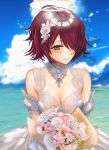  1girl absurdres arknights bangs bare_shoulders blue_sky bouquet breasts cleavage cloud cloudy_sky dress exusiai_(arknights) flower hair_flower hair_ornament hair_over_one_eye halo herrinalexander highres holding holding_bouquet looking_at_viewer outdoors pink_flower pink_rose red_hair rose short_hair short_sleeves sky smile solo upper_body wedding_dress white_dress white_flower white_rose yellow_eyes 