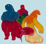  4_fingers anthro balls big_tail bodily_fluids candy crossed_arms dessert digital_media_(artwork) drooling eyeless fangs fingers flaccid food genitals green_body green_skin group gummy_(food) gummy_worm hi_res long_tongue male multicolored_body multicolored_penis musclegut orange_body orange_skin overweight pale_skin penis presenting presenting_penis red_body red_skin ribbed_penis saliva sharp_teeth simple_background teeth tongue translucent translucent_body two-tone_body two-tone_skin underbite unknown_artist worm yellow_body yellow_skin 