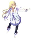  1girl blonde_hair blue_eyes choker closed_mouth colette_brunel dress echo_(circa) full_body gloves jewelry long_hair pantyhose simple_background smile solo tales_of_(series) tales_of_symphonia white_background 