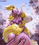  anthro bandai_namco big_breasts blue_eyes breasts butt canid canine cherry_blossom cherry_blossom_tree cherry_tree curvy_figure digimon digimon_(species) dipstick_ears exposed_breasts female flower_petals fluffy fluffy_tail fox fruit_tree hi_res hourglass_figure looking_at_viewer looking_back mammal multicolored_ears neck_tuft nipples petals plant renamon side_boob solo tree tuft wide_hips winter_nacht 
