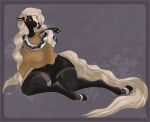  2022 5_fingers anthro aspen_(lil-mare) bottomwear breasts clothed clothing cream_hair cream_tail digital_media_(artwork) equid equine eyeshadow facial_markings facial_piercing female fingers fluffymare hair head_markings hi_res hooves horse hotpants leaning legwear long_sleeves looking_down makeup mammal markings nose_piercing nose_ring piercing reptile ring_piercing scalie shirt shorts simple_background sitting snake solo thigh_highs tongue tongue_out topwear white_eyes 
