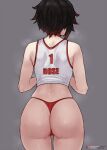  1girl ass bare_arms black_hair bluefield choker cowboy_shot facing_away from_behind grey_background highres jersey multicolored_hair no_pants panties red_hair red_panties ruby_rose rwby short_hair simple_background solo sweat thong two-tone_hair underwear 