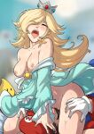  1boy 1girl bare_shoulders blonde_hair blue_dress breasts cunnilingus dress earrings gloves hair_over_one_eye hetero highres jewelry kinkymation luma_(mario) mario mario_(series) moaning nipples no_bra no_panties open_mouth oral pussy rosalina star_(symbol) star_earrings super_mario_galaxy white_gloves 