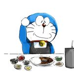  1:1 2020 absurd_res anthro apron bell blue_body blue_fur bowl clothing collar container curry domestic_cat doraemon doraemon_(character) eyes_closed felid feline felis food front_view fur furniture hi_res machine male mammal mouth_closed mt_tg plate raised_arm red_collar red_nose rice robot shaded simple_background solo spices sprinkling standing table whiskers white_background white_body white_fur 