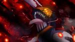  1boy chainsaw_man denji_(chainsaw_man) glowing glowing_eyes highres long_tongue open_mouth red_background saliva sharp_teeth solo teeth tongue tongue_out tsunkyunn 