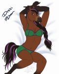  2022 anthro arms_above_head bra braided_hair braided_ponytail brown_body brown_eyes clothing digital_media_(artwork) dream_merchant dreki_(skuggamul) equid equine eyebrows female hair hi_res horse looking_at_viewer lying mammal multicolored_hair navel on_back pinup pose simple_background solo two_tone_hair two_tone_tail underwear 