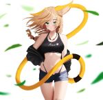  1girl absurdres acetylcholine animal_ears blonde_hair breasts cat_ears cat_girl cat_tail g-string green_eyes highres jacket looking_at_viewer open_clothes open_jacket short_hair shorts solo sports_bra tail thong very_long_tail 