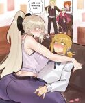  5girls absurdres ahoge are_you_winning_son?_(meme) artoria_pendragon_(fate) baobhan_sith_(fate) belt black_belt black_bow black_jacket black_pants black_pantyhose black_serafuku black_skirt blonde_hair blue_eyes blue_pants blush bow closed_mouth commentary couch covering_another's_eyes deccatezu english_commentary english_text fate/grand_order fate_(series) flustered fujimaru_ritsuka_(female) green_eyes grey_hair hair_between_eyes hair_bow hand_on_own_hip highres incest jacket long_hair meme mordred_(fate) morgan_le_fay_(fate) mother_and_daughter multiple_girls necktie on_couch open_mouth orange_eyes orange_hair pants pantyhose pink_hair ponytail red_necktie saber_(fate) school_uniform serafuku shirt short_hair siblings side_ponytail sisters skirt sleeveless sleeveless_shirt spread_legs twitter_username yuri 