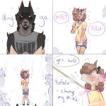 2021 ambiguous_gender angel_(paddle-boat) anthro bathroom_control blush blush_lines clothed clothed_anthro clothing collar deer dialogue digital_drawing_(artwork) digital_media_(artwork) duo_focus english_description english_text felid group hand_on_crotch hi_res hooves humiliation imminent_peeing imminent_urine knock-kneed leash leashed_collar male_(lore) mammal omorashi paddle-boat pantherine public public_humiliation question_mark simple_background speech_bubble text white_background
