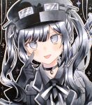  1girl :p absurdres akanbe akatsuki_nea black_background black_choker black_gloves black_hair black_hat black_ribbon choker eyelid_pull finger_to_eye gloves goggles goggles_on_headwear grey_eyes hand_up hat highres kurobe_nanoka long_hair looking_at_viewer mahou_shoujo_no_majo_saiban neck_ribbon outline ribbon solo tongue tongue_out traditional_media twintails upper_body white_outline 