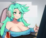  1girl aqua_eyes aqua_hair aqua_lips aqua_nails armpit_crease at_computer bare_shoulders breast_rest breasts can chips_(food) cleavage closed_mouth collarbone commentary commission computer_keyboard drink_can english_commentary fingernails food grey_background headphones highres holding holding_can holding_food large_breasts lipstick long_hair long_sleeves looking_ahead makeup nail_polish off-shoulder_sweater off_shoulder oninuer original parted_bangs potato_chips ribbed_sweater smile solo sweater upper_body 