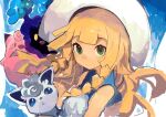  1girl absurdres alolan_vulpix bangs blonde_hair blunt_bangs braid clefairy collared_dress cosmog dress green_eyes hat highres kaamin_(mariarose753) lillie_(pokemon) pokemon pokemon_(game) pokemon_sm sleeveless sleeveless_dress sun_hat sundress twin_braids white_dress white_headwear 