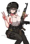  1girl ammunition_pouch bandage_on_face bandages breasts formicid gun helmet holding holding_weapon kalashnikov_rifle knife large_breasts light_machine_gun original pouch rpk short_hair sideboob sitting smile solo tank_top v vertical_foregrip weapon white_background white_tank_top 