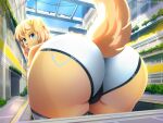  2022 anthro big_butt blue_eyes bottomwear butt canid canine clothing digital_media_(artwork) female hi_res inside ladnelsiya looking_at_viewer looking_back looking_back_at_viewer macro mall mammal smile solo thick_thighs white_bottomwear white_clothing wide_hips 