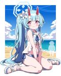  1girl beach bikini blue_archive blue_halo blue_sky blunt_bangs blush border buta_(dhakaoat) chise_(blue_archive) chise_(swimsuit)_(blue_archive) cloud doodle_sensei_(blue_archive) flower hair_flaps hair_flower hair_ornament halo highres horns long_hair long_sidelocks looking_at_viewer pink_eyes ponytail red_horns sailor_collar sand sandals semi-transparent sensei_(blue_archive) side_ponytail sidelocks sitting sky smile striped_bikini striped_clothes swimsuit very_long_hair wariza white_border white_flower 