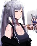  2girls ak-12_(girls&#039;_frontline) ak-15_(girls&#039;_frontline) alternate_costume bangs bike_shorts black_jacket black_shorts black_sports_bra blue_sports_bra braid breasts cleavage closed_eyes closed_mouth collarbone french_braid girls&#039;_frontline grey_hair gwangvt hair_over_one_eye hair_ribbon highres holding holding_towel jacket jacket_pull lips long_hair looking_at_another medium_breasts multiple_girls ponytail purple_eyes ribbon shorts sidelocks simple_background sitting sports_bra sportswear standing sweat towel track_jacket upper_body 