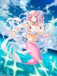  1girl bikini blue_nails blush braid breasts cleavage cloud cloudy_sky flower frederica_(z/x) frills grey_eyes hair_flower hair_ornament hair_ribbon highres large_breasts looking_at_viewer mermaid monster_girl nail_polish navel obiwan ocean outstretched_arm pink_hair ribbon side_braid sky smile solo sparkle swimsuit twintails white_bikini z/x 