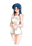  1girl :o blue_hair blush character_request highres naked_towel parted_lips qkat_(arikawa-dou) simple_background solo super_real_mahjong teeth towel white_background 