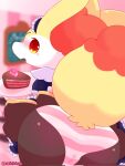  anthro blush braixen cake camel_toe clothing dessert female food generation_6_pokemon genital_outline hi_res holding_object looking_at_viewer nintendo pokemon pokemon_(species) pussy_outline raised_tail red_eyes solo sumichisuu underwear video_games yellow_body 