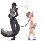 2021 ambiguous_gender angel_(paddle-boat) anthro blush blush_lines bulge clothed clothed_anthro clothed_male clothing collar deer dialogue digital_drawing_(artwork) digital_media_(artwork) duo english_description english_text felid hair heart_eyes heart_symbol hi_res hooves knock-kneed leash leashed_collar male male_(lore) mammal omorashi paddle-boat pantherine profanity simple_background speech_bubble tail text white_background